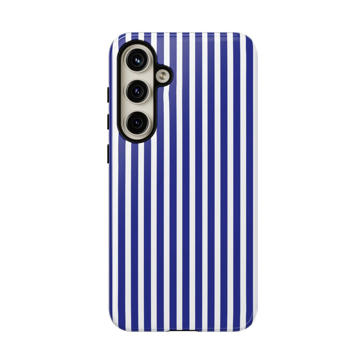 Back of a blue white striped tough phone case with bold vertical stripes and hard shell for triple-lens smartphones