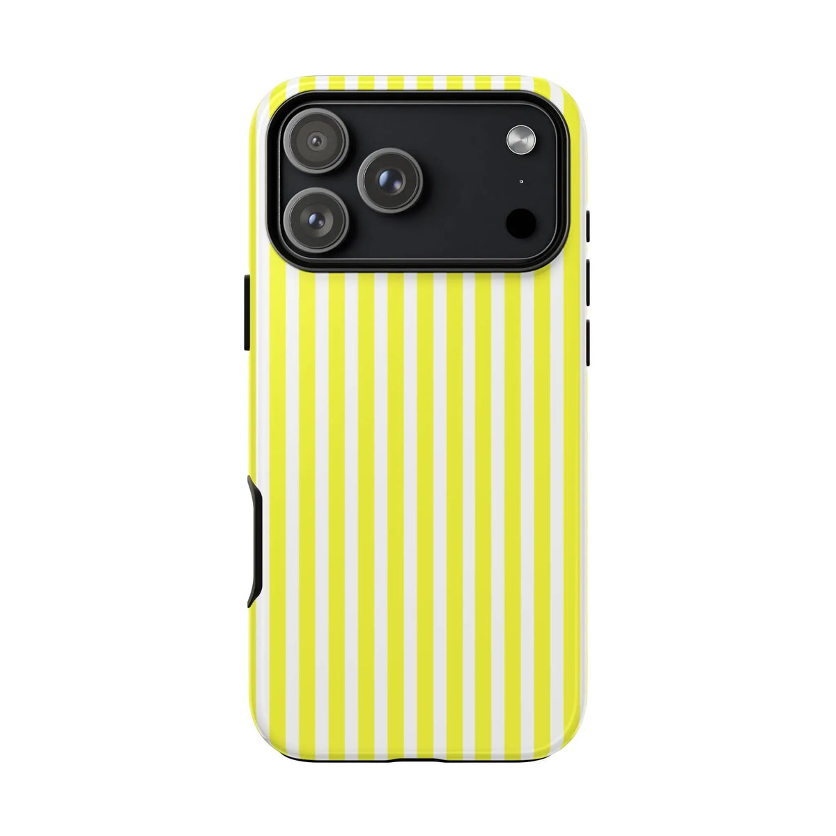 Back side of a banana yellow and white striped tough phone case cover with black camera cutout for iphone 13 pro max