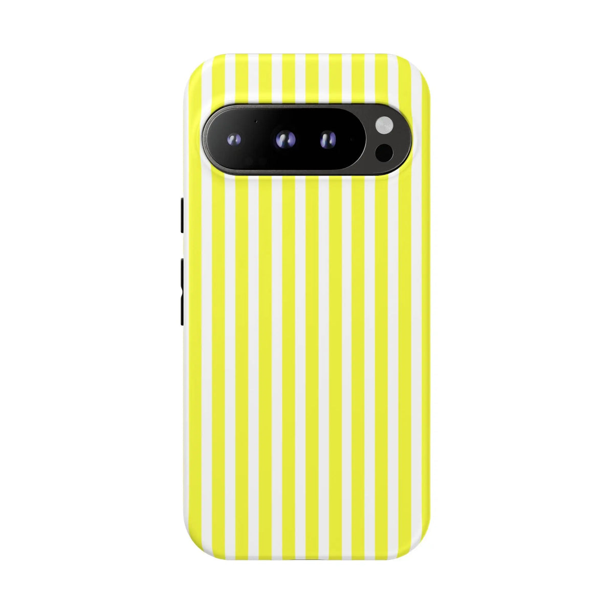 Back side of a vibrant banana yellow and white striped tough phone case cover with a hard shell design