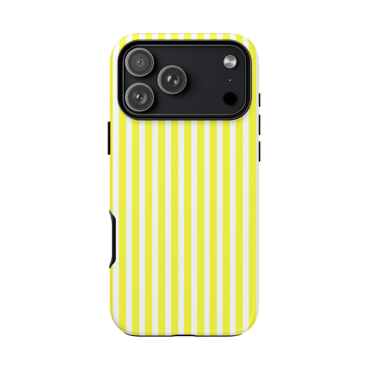 Back side of a white striped tough phone case cover in banana yellow and white for iphone 13 pro max with black camera cutout