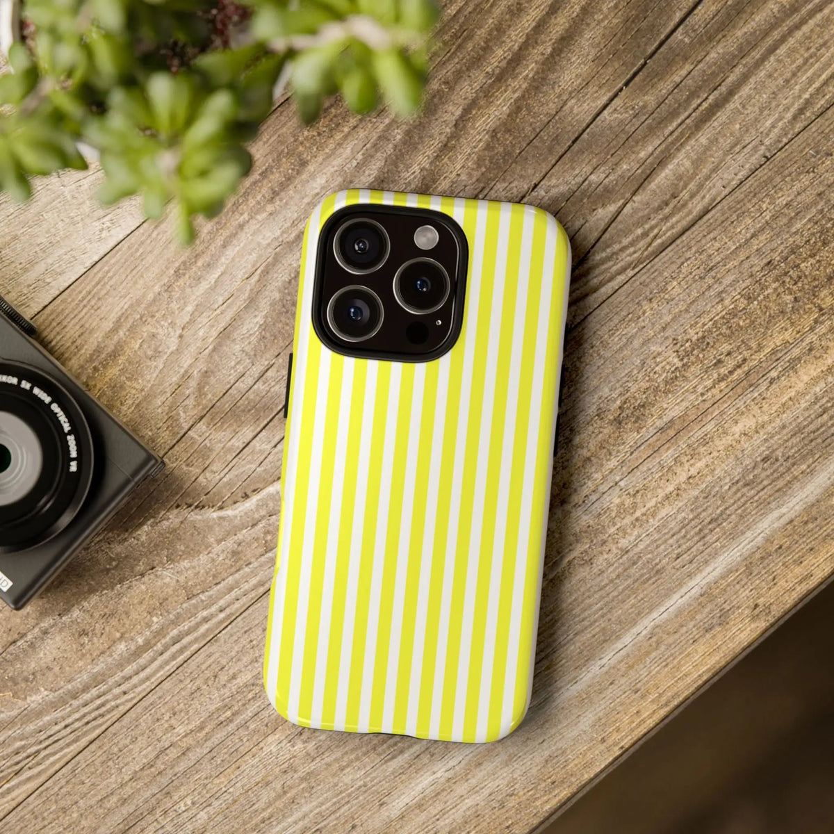 Back side of a banana yellow and white striped tough phone case cover with hard shell protection for iphone samsung google