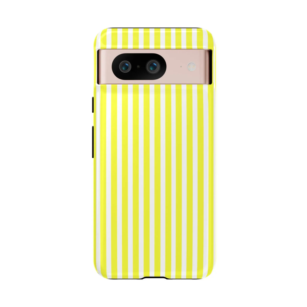 Back side of a vibrant banana yellow and white striped tough phone case cover with hard shell for iphone samsung google