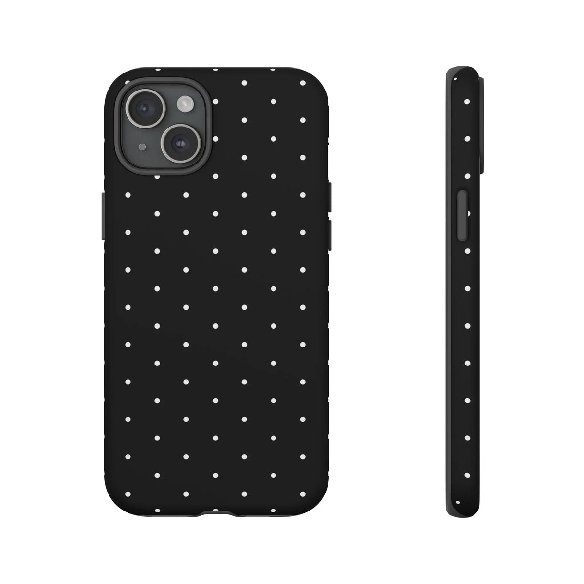 Back side of an elegant black tough phone case with white polka dots stylish protective minimalist design