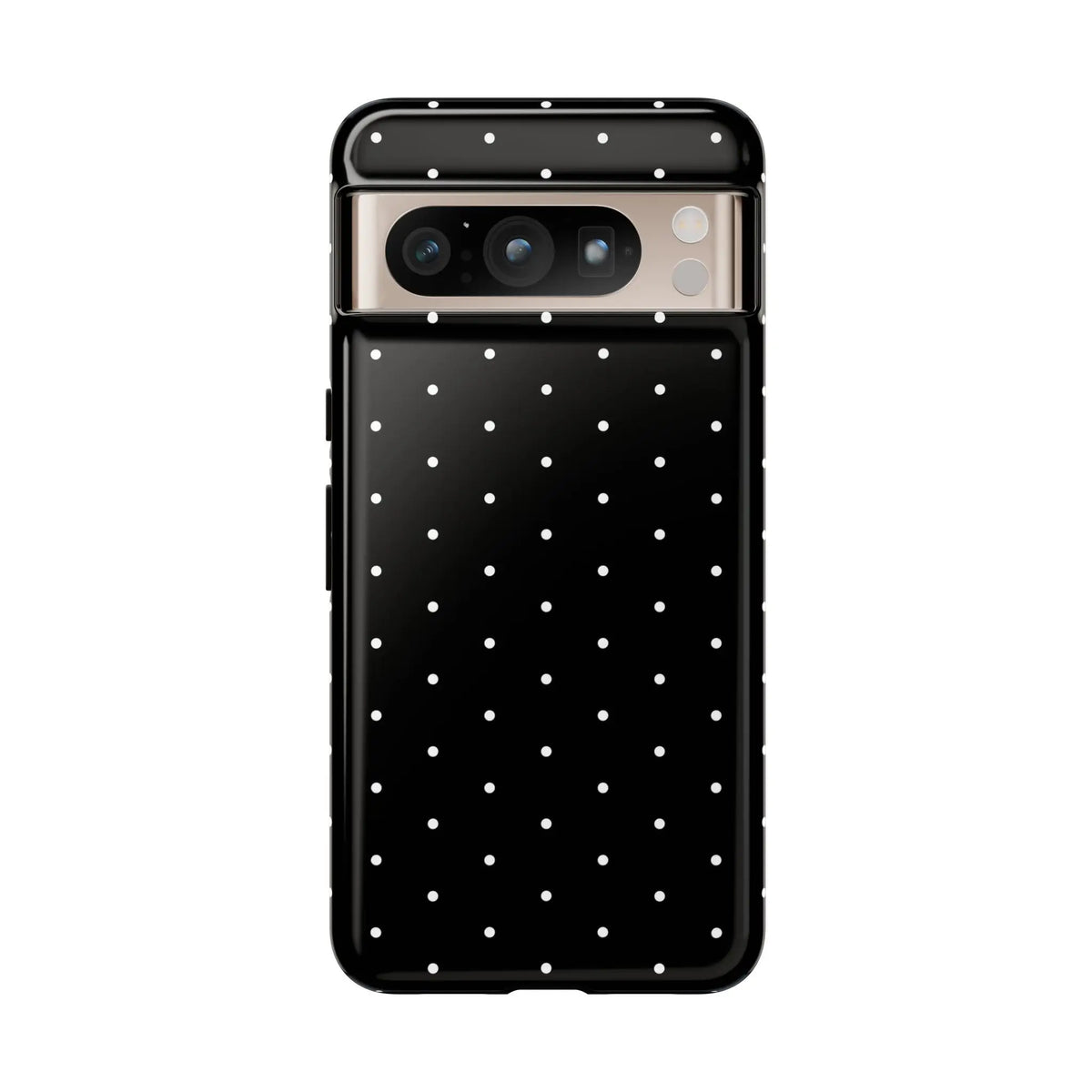 Elegant black tough phone case with white polka dots showing the back side of the stylish protective cover