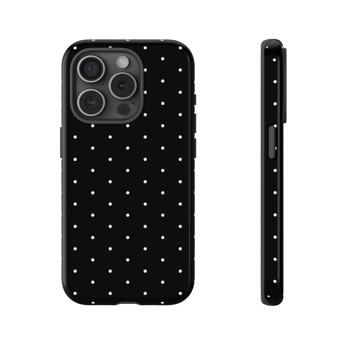 Back side of an elegant black tough phone case with white polka dots stylish protective cover for gift or birthday present