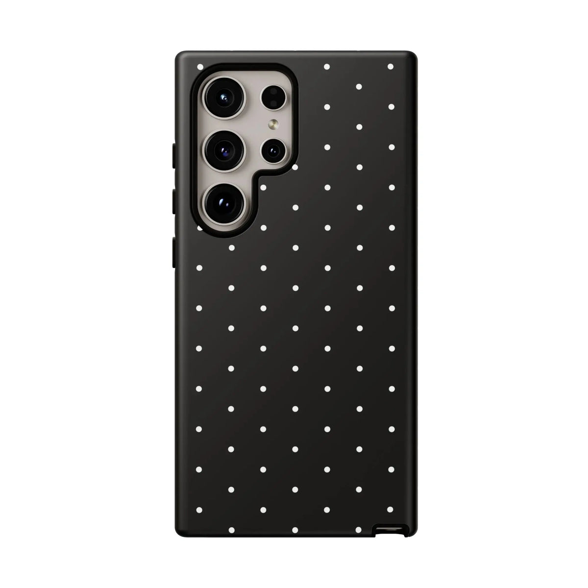 Black tough phone case with elegant black design and white polka dots shown from the back side