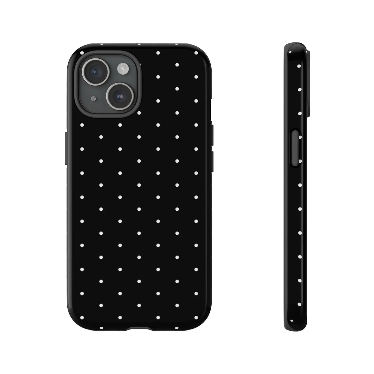 Back side of an elegant black tough phone case with white polka dots stylish protective minimalist design