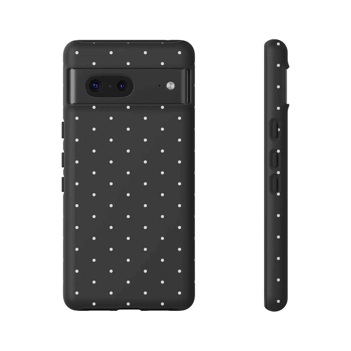 Black tough phone case with elegant black finish and white polka dots shown from the back side