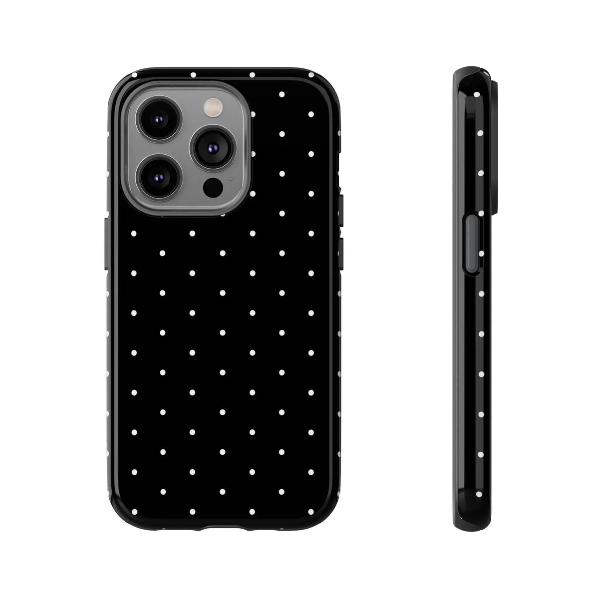 Back side of an elegant black tough phone case with white polka dots stylish minimalist protective cover