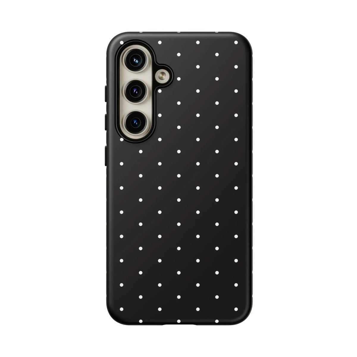 Elegant black tough phone case with white polka dots showing the back side and minimalist protective design