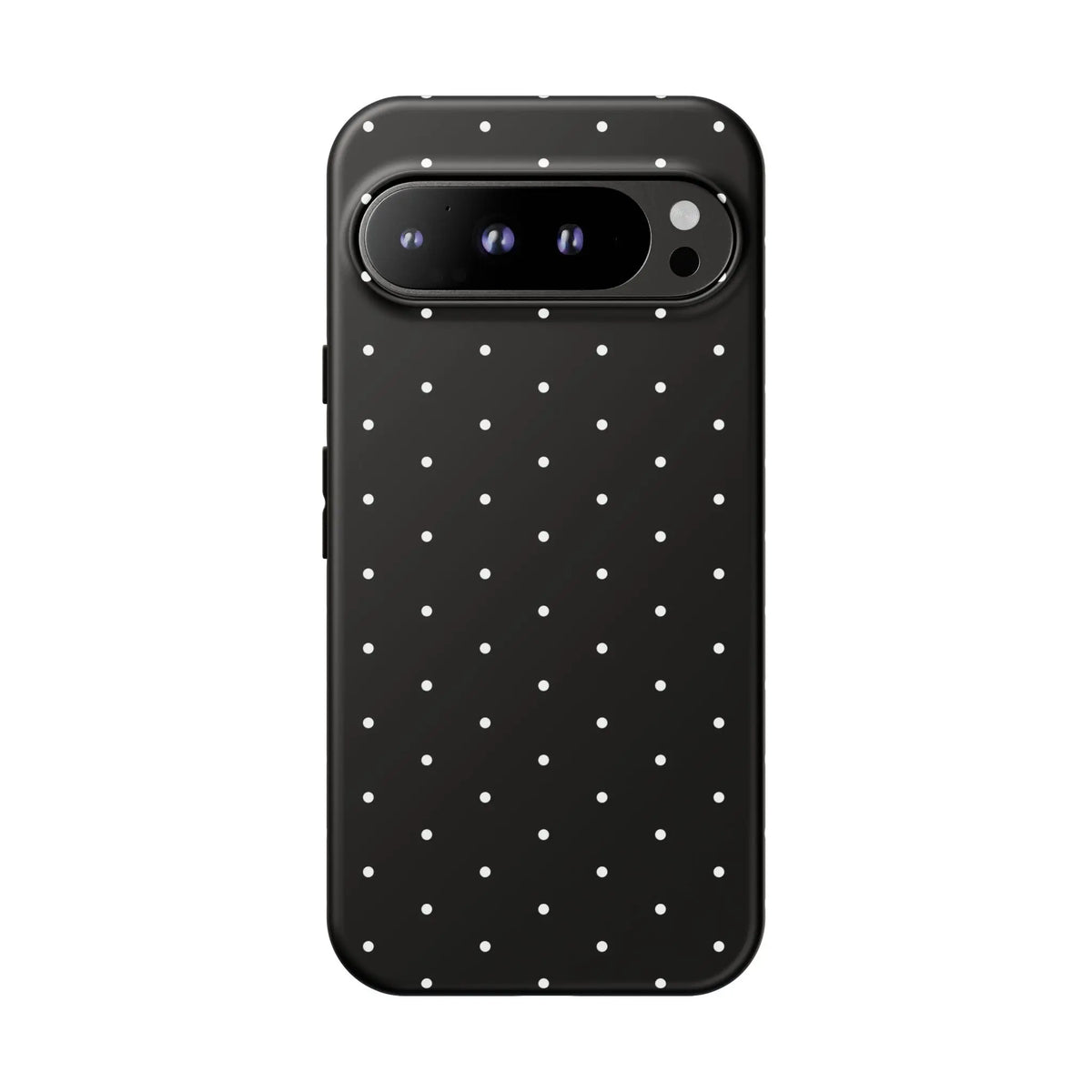 Back view of an elegant black tough phone case with white polka dots minimalist design for stylish protection