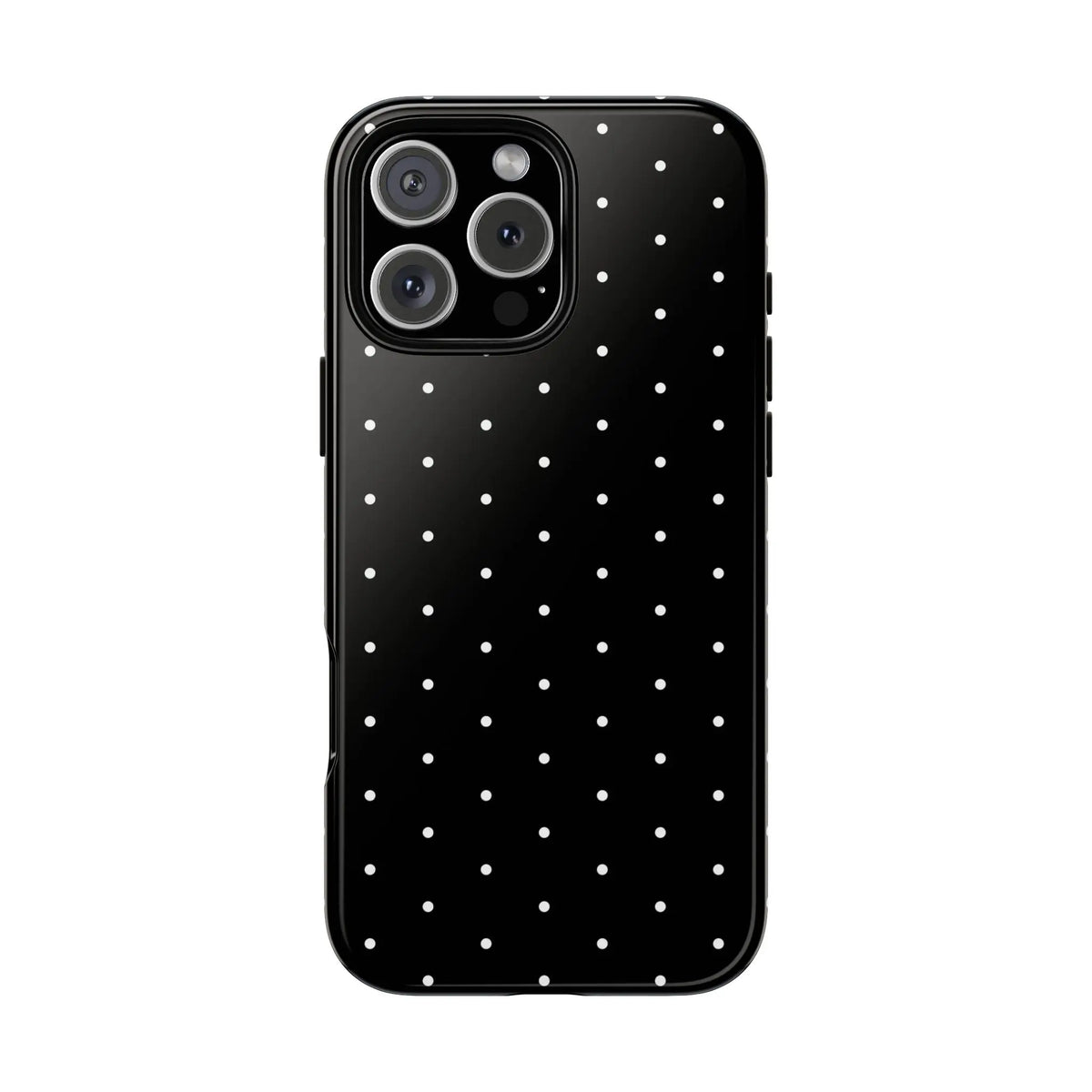 Back view of an elegant black tough phone case with white polka dots minimalist stylish protective cover
