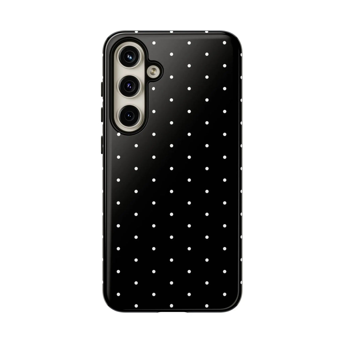 Back view of an elegant black tough phone case with white polka dots featuring a minimalist stylish design