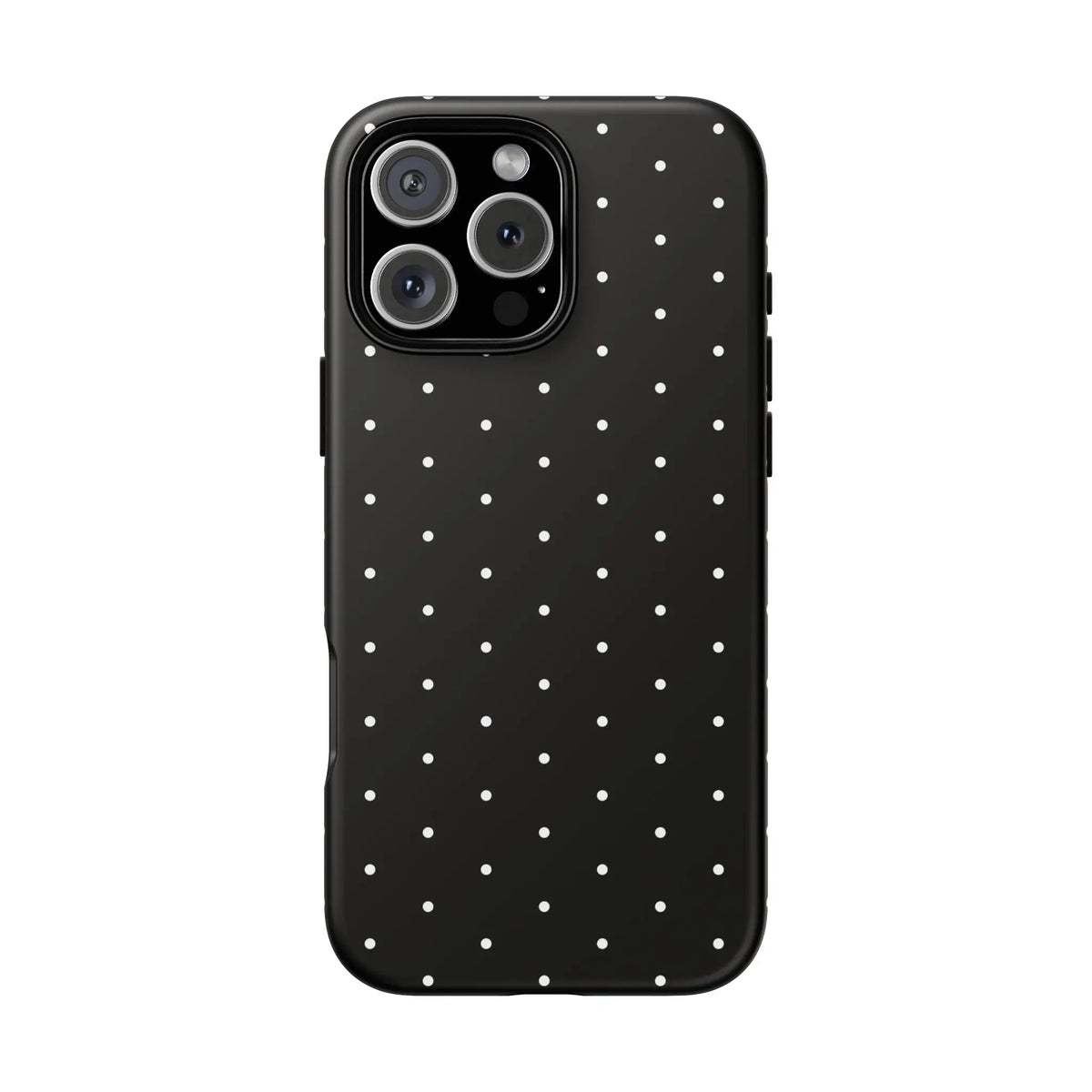 Back of an elegant black tough phone case with white polka dots stylish protective minimalist cover gift for her