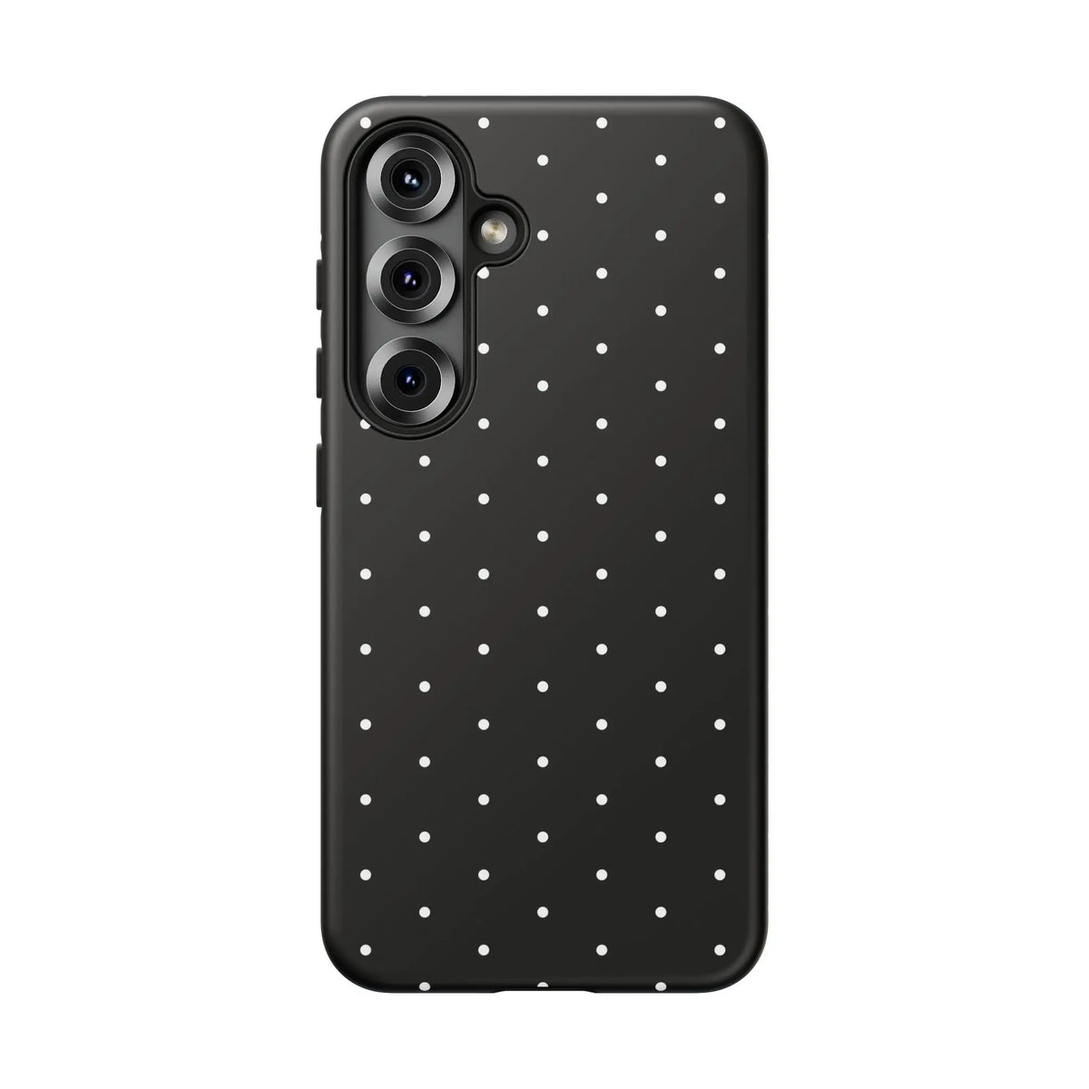 Back of an elegant black tough phone case with white polka dots and a triple-camera cutout for stylish protection