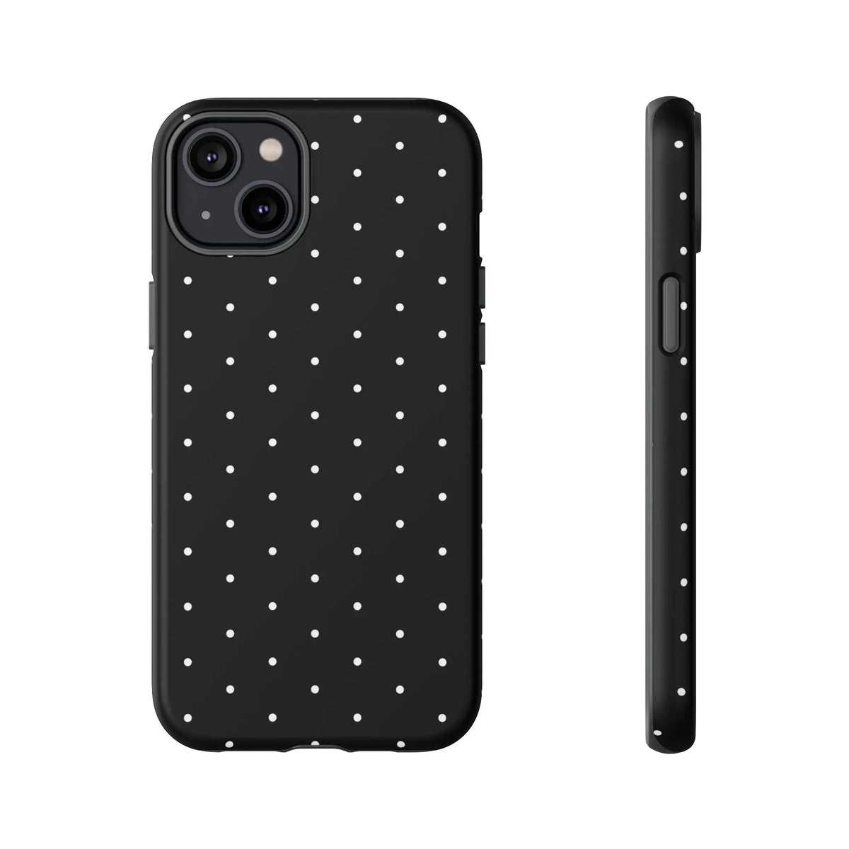 Black tough phone case with elegant black finish and white polka dots shown from the back side