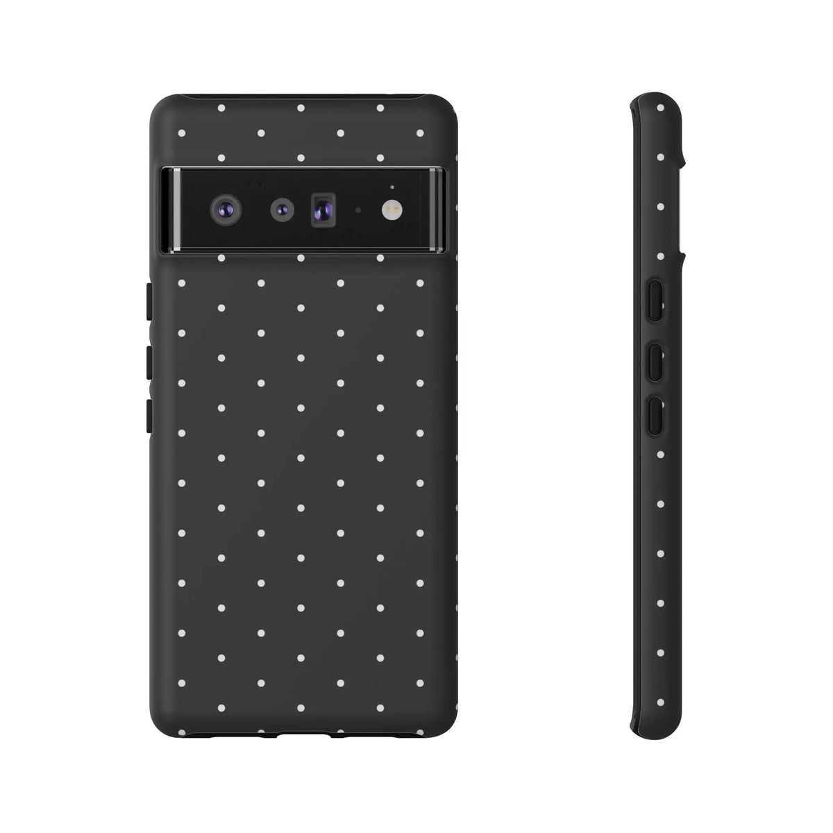 Elegant black tough phone case with white polka dots showing the back side for stylish protective use