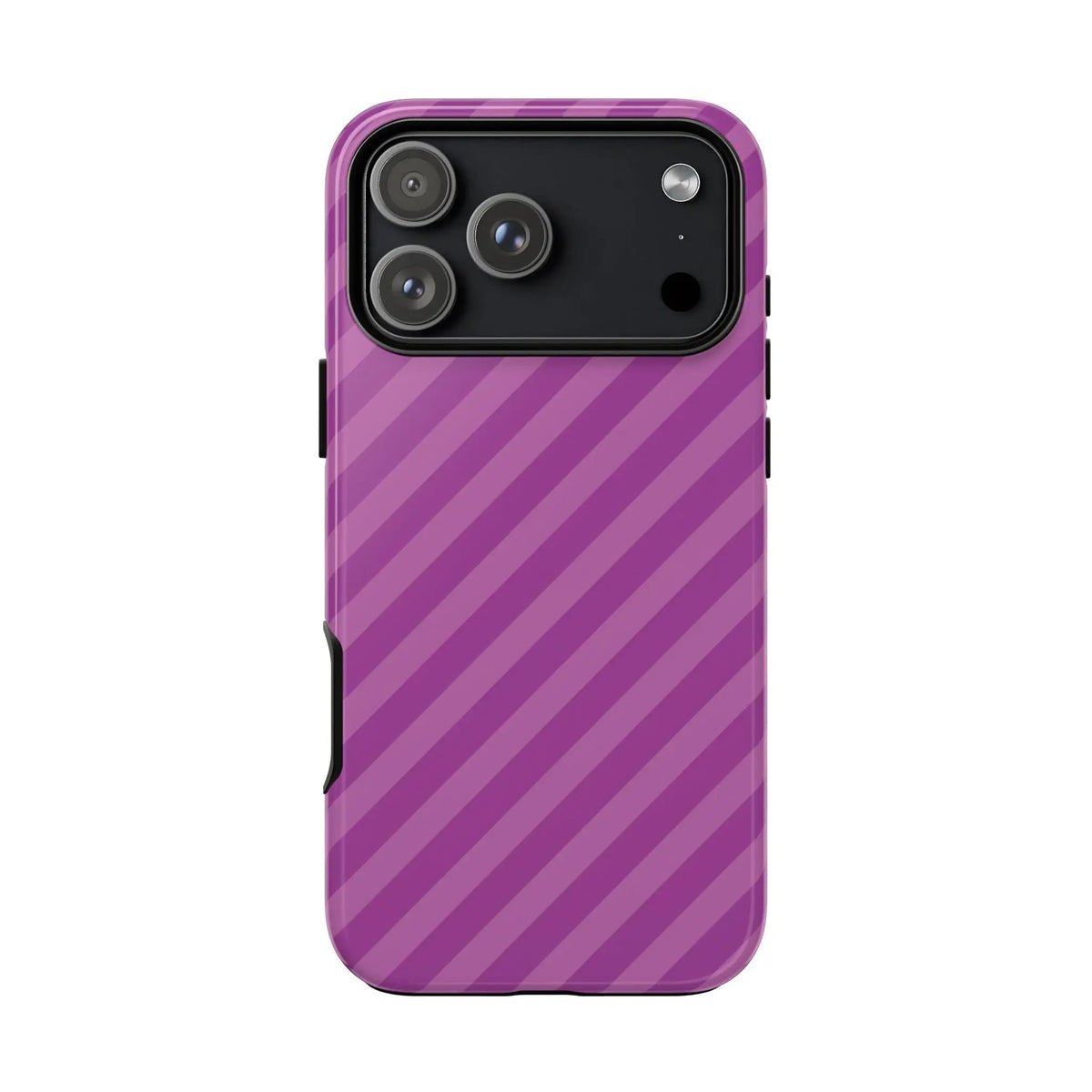 Back view of a purple diagonal phone case cover with black camera cutout for protective pink diagonal phone accessory