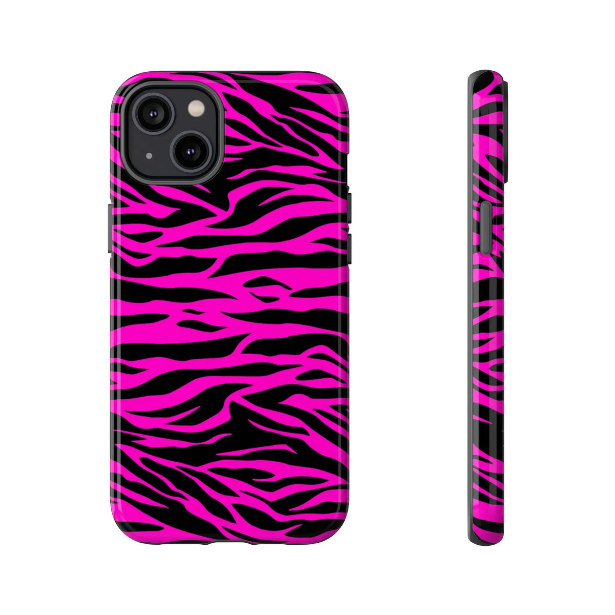 Vibrant pink and black zebra print tough phone case with glossy finish showing the back side of the phone case