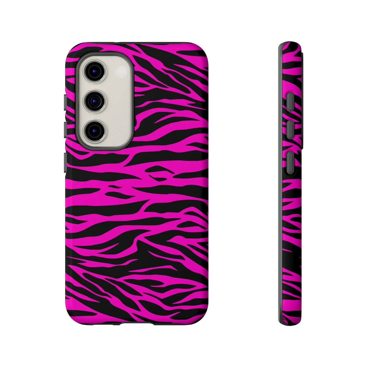 Back view of a vibrant pink and black zebra-print tough phone case with a sleek protective design