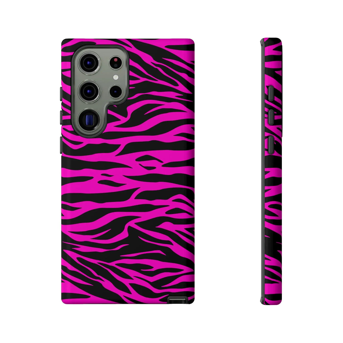 Vibrant pink and black zebra-striped tough phone case for samsung galaxy s21 ultra shown from the back side