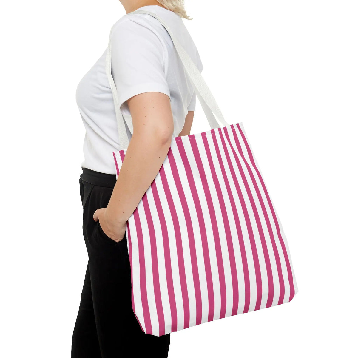 Pink Vertical Stripes Tote Bag | White or Black Handle All-Over Print - Bags