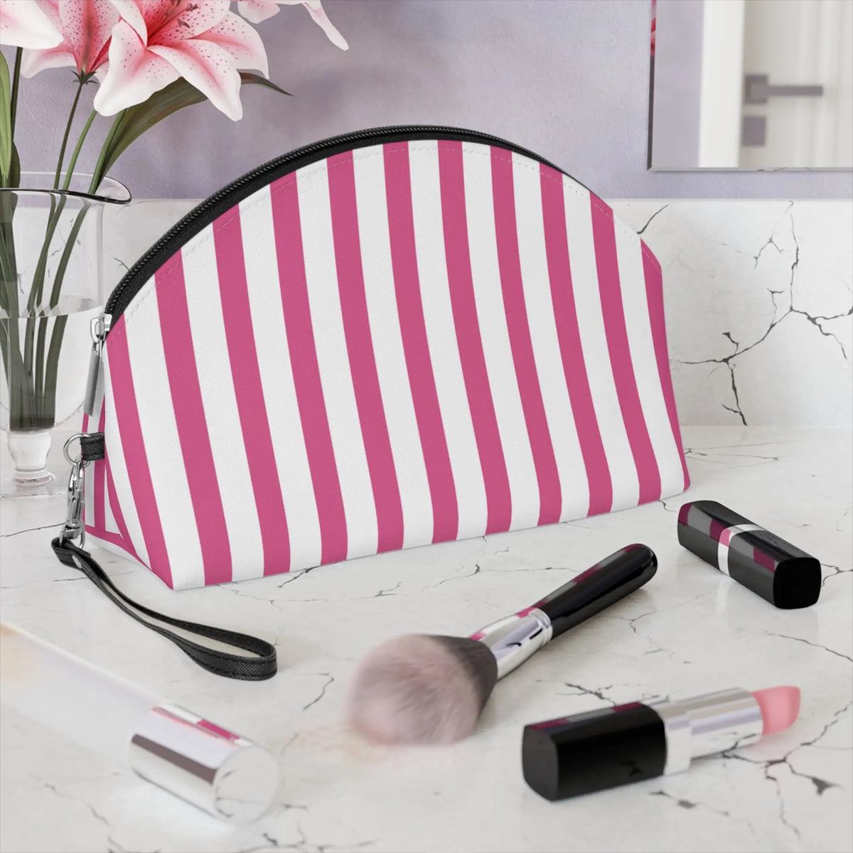 Striped Pink Makeup Bag — Cosmetic Pouch with Wrist Strap - 6.3’’ × 9.4’’ × 3.3’’ - Makeup Bags