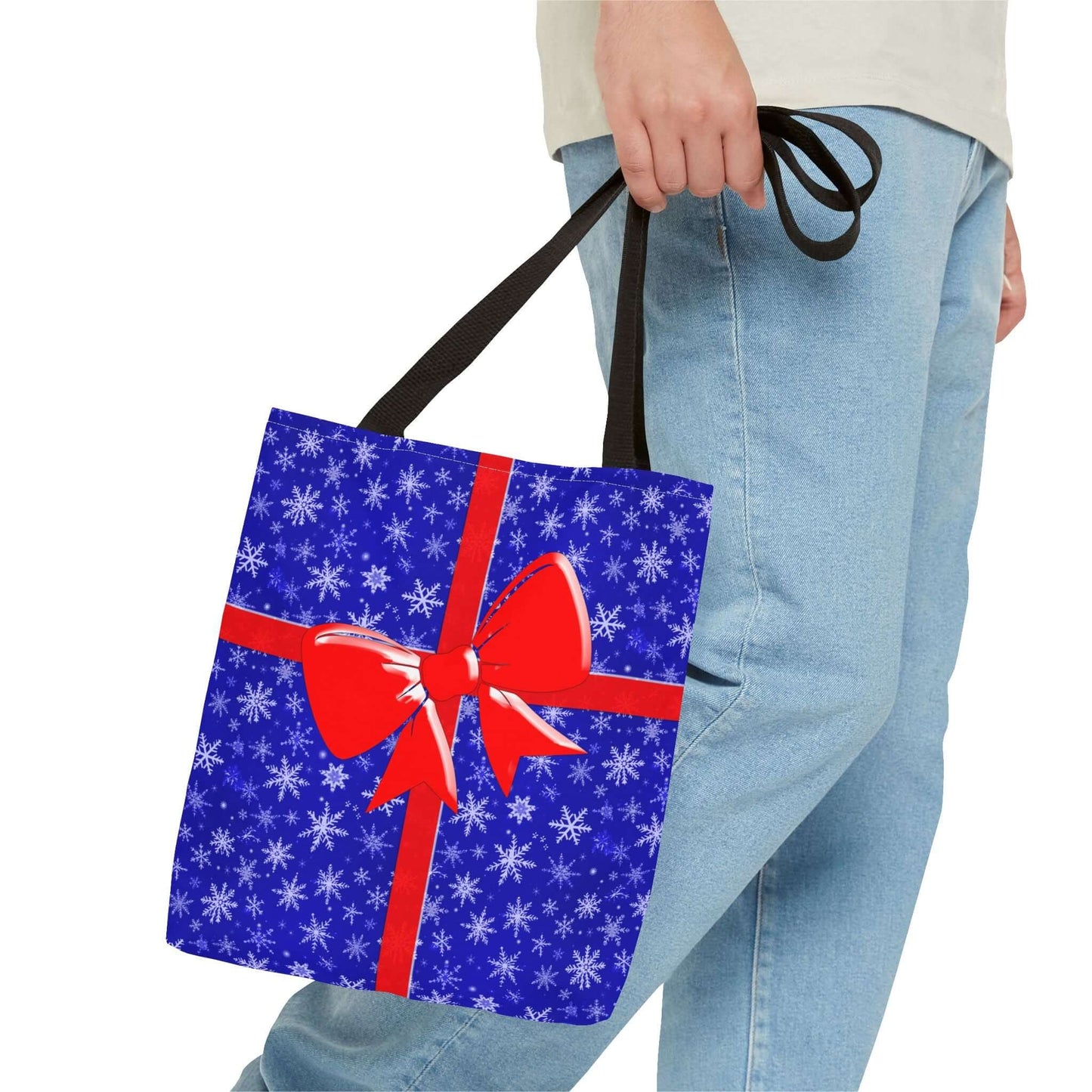 Tote Bag Blue with Red Bow Christmas Present - Bags