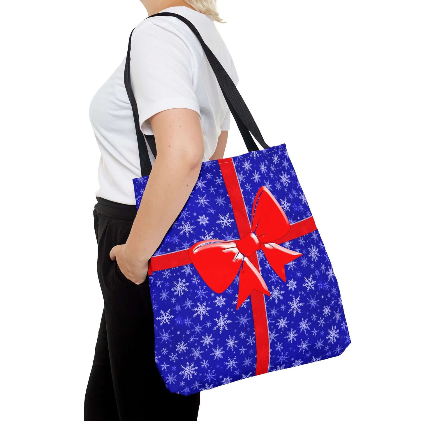 Tote Bag Blue with Red Bow Christmas Present - Bags