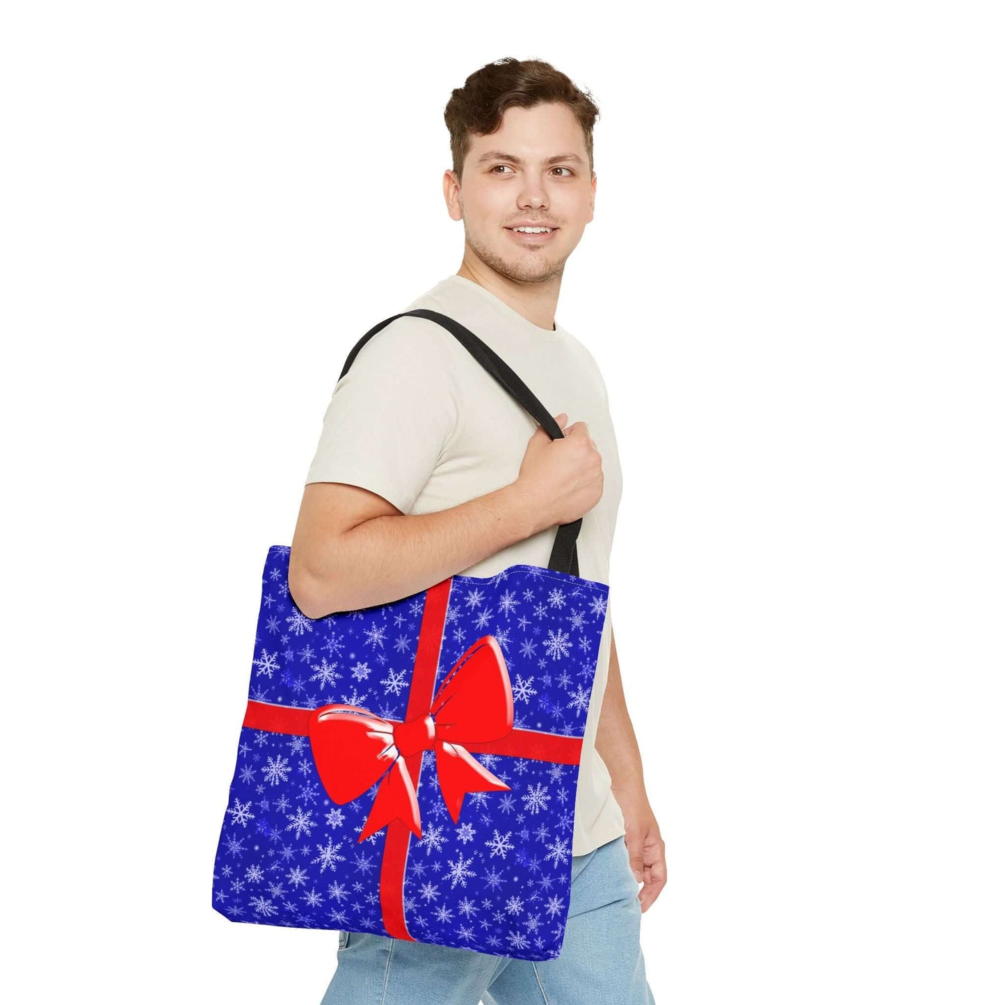 Tote Bag Blue with Red Bow Christmas Present - Bags