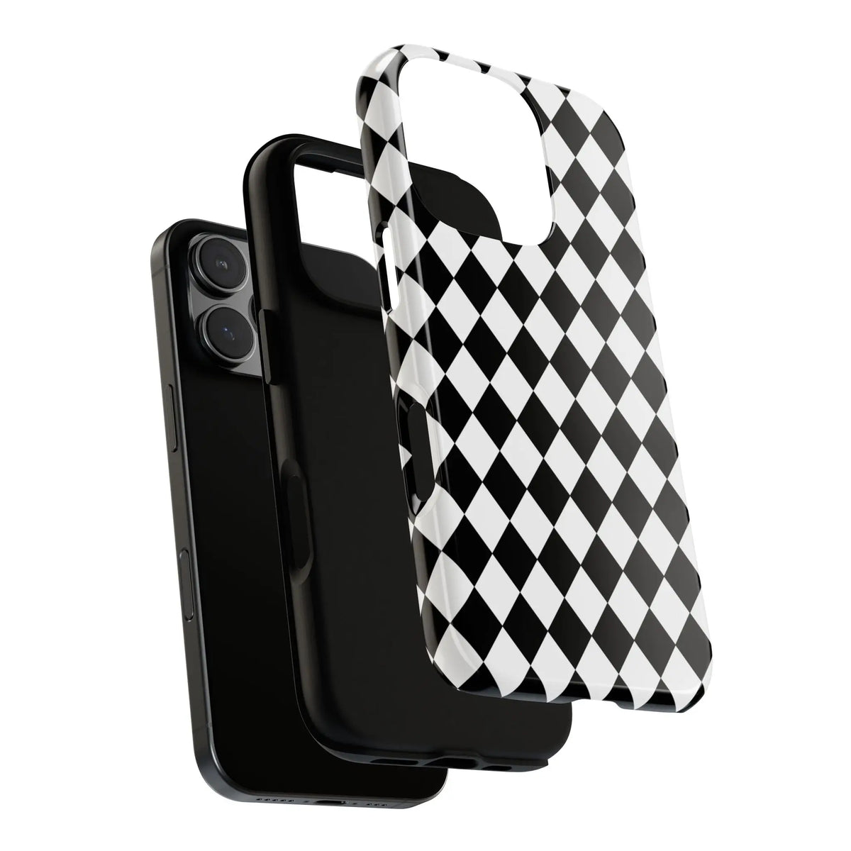 Back of a white and black dimond tough phone case cover with a glossy finish for iphone google samsung