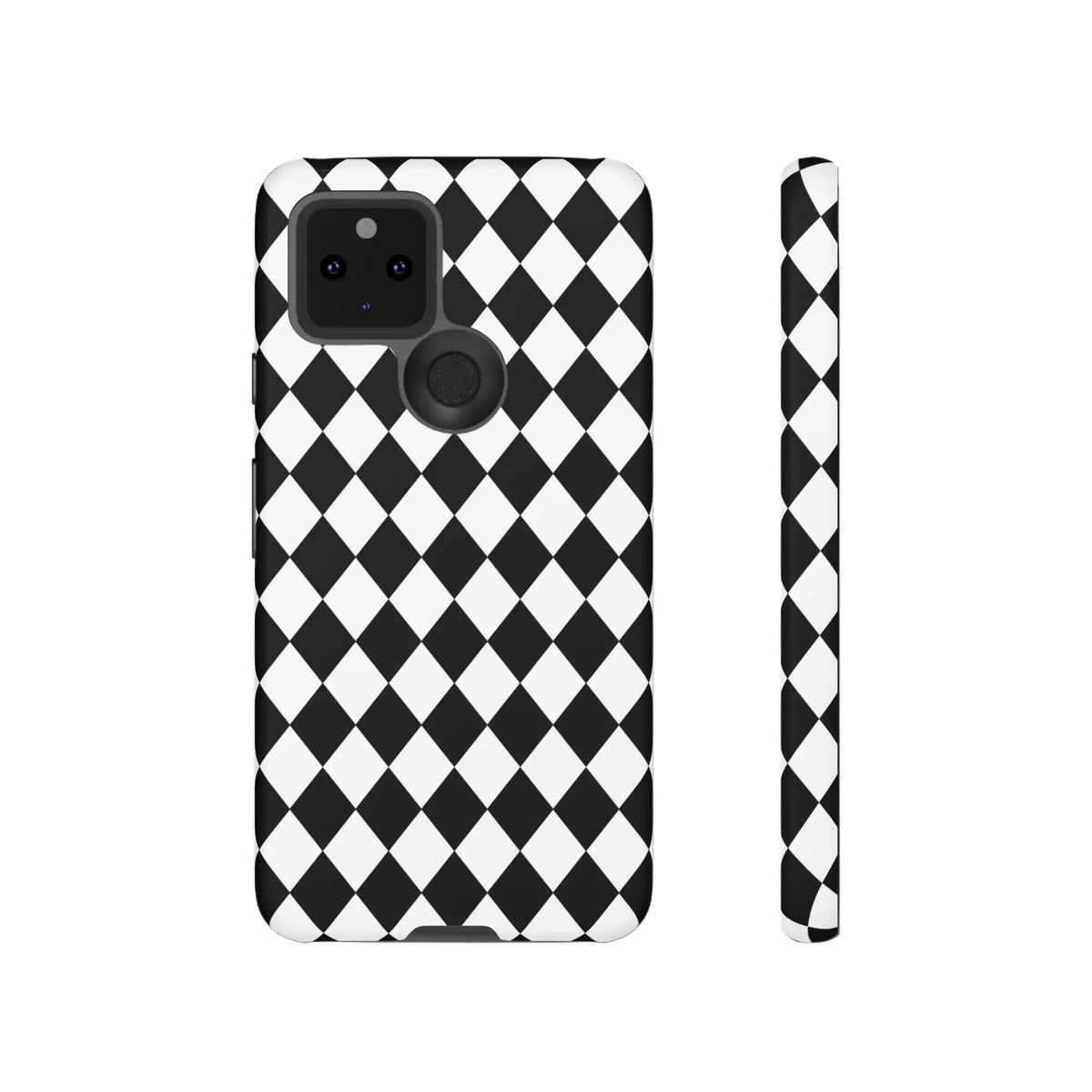 Black dimond tough phone case cover with black and white diamond pattern for iphone google and samsung backsides shown