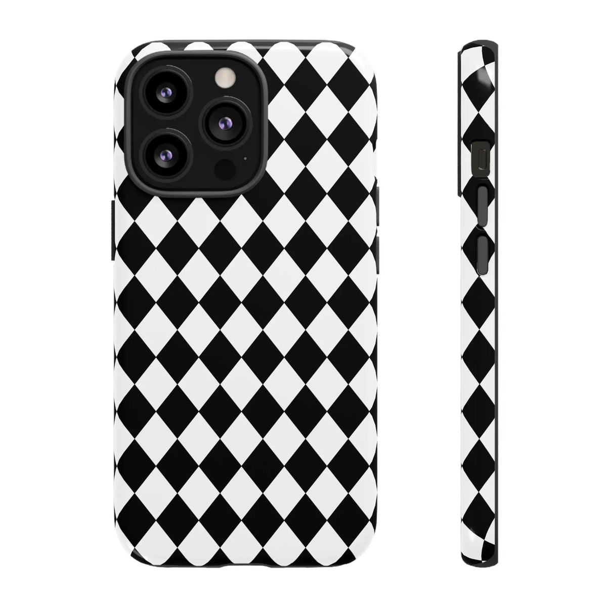 Black dimond tough phone case cover for iPhone Google Samsung with white and black diamond pattern and glossy finish back view