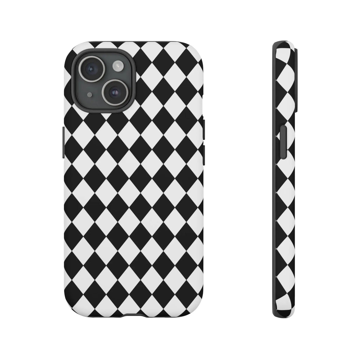 Back side of a black and white diamond tough phone case cover with a sleek modern design for iphone google samsung