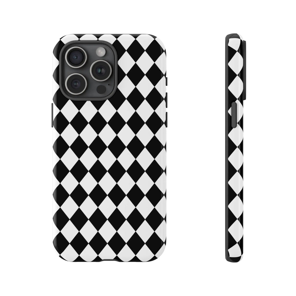Black dimond tough phone case cover with white and black diamond pattern shown from the back side for iPhone Google Samsung
