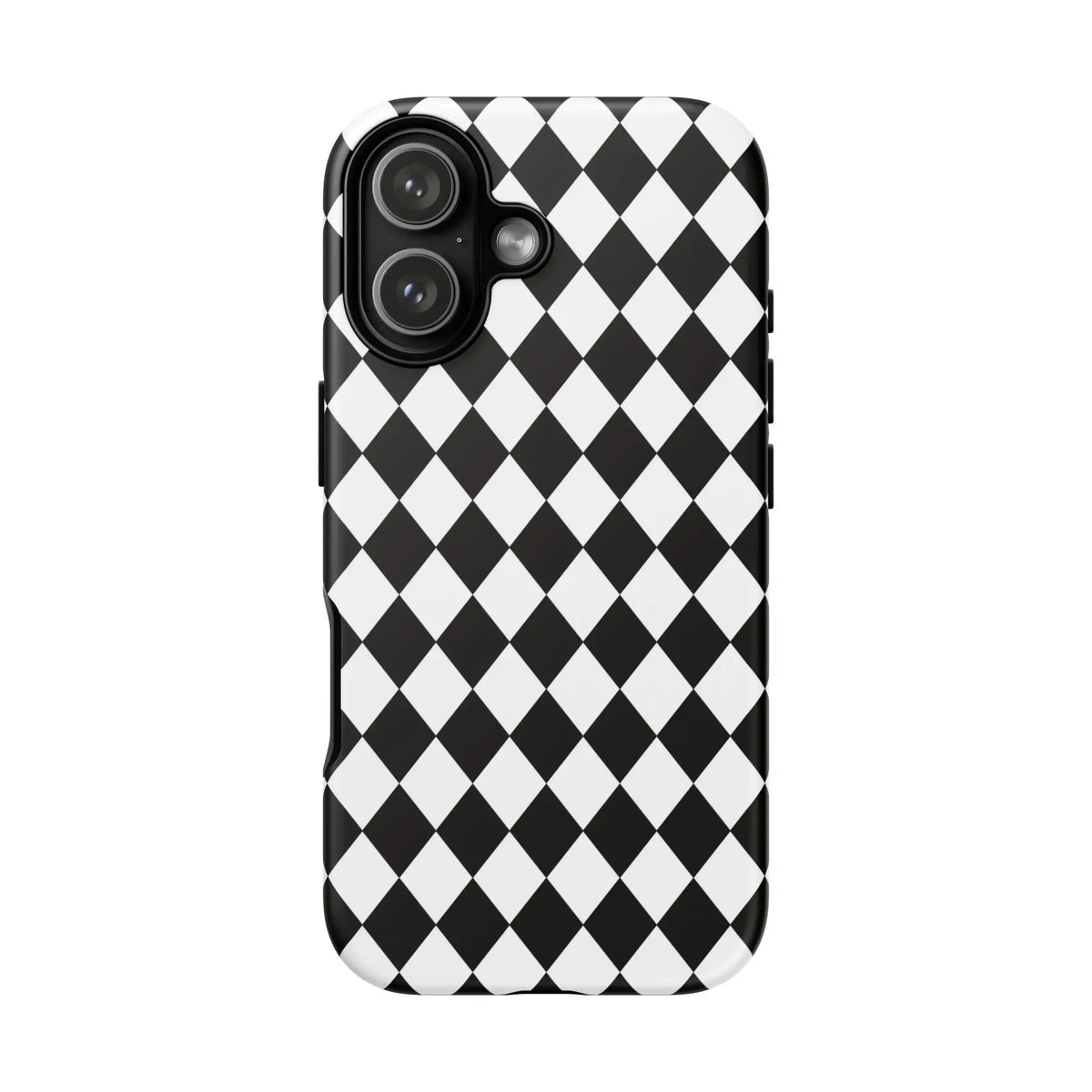 Back side of a black and white dimond tough phone case with a sleek modern design for iPhone Google Samsung