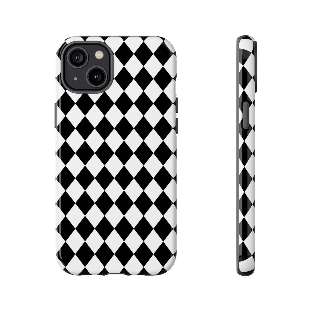 Back side of a black and white diamond-patterned dimond tough phone case cover with a sleek glossy finish for iPhone Google Samsung
