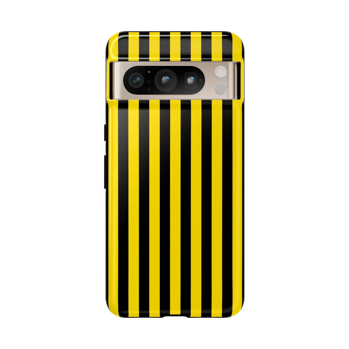 Back side of a vibrant yellow and black stripe tough case phone case with glossy finish for iphone samsung google phones