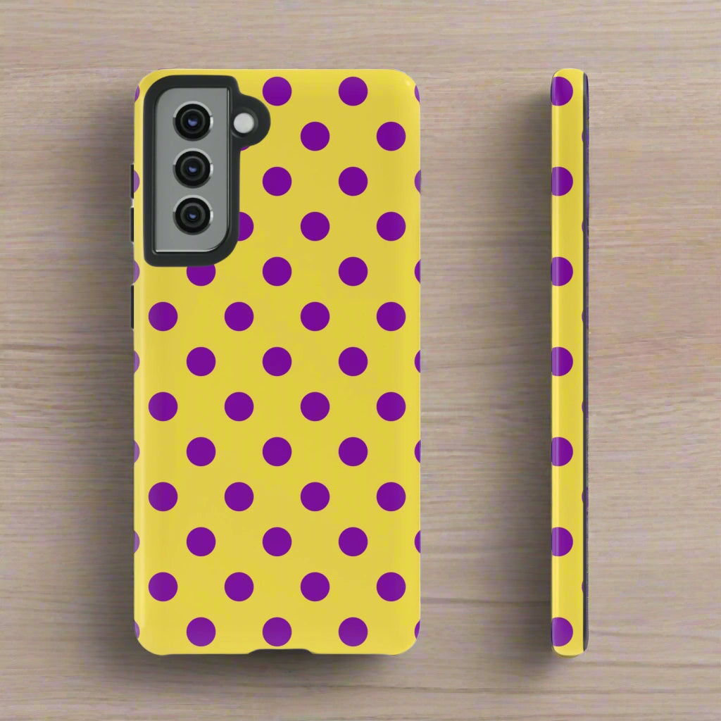 Polka Dot Phone Case - Bright Yellow with Purple Dots Samsung S24 S23 Pixel 9 8 7 Phones - Samsung Galaxy S21 / Glossy