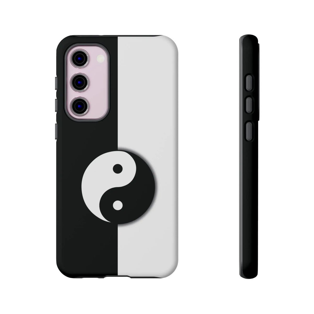 Back side of a sleek minimalist tough phone case featuring black and white yin yang design for yin yang black use