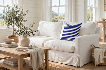 Navy White Striped Throw Pillow, Square Decorative Pillow | Nautical Coastal Cushion
