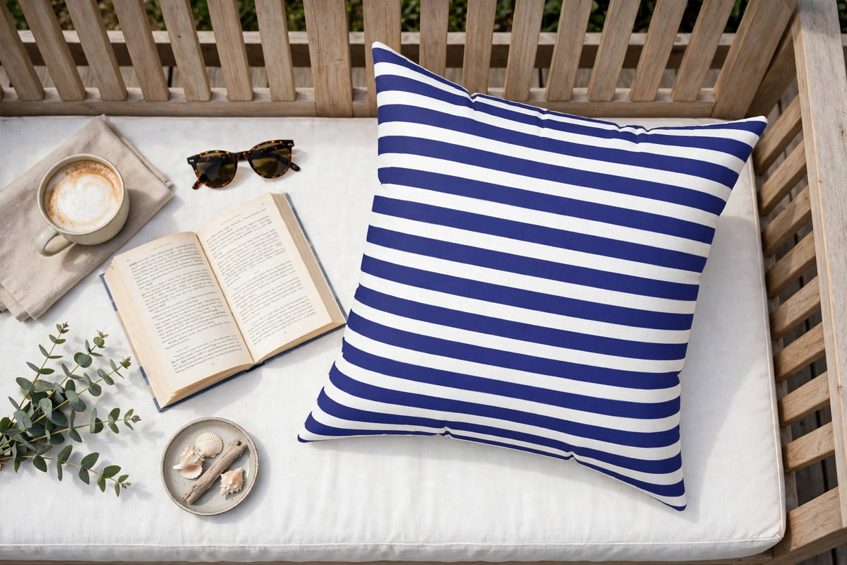 Navy White Striped Throw Pillow, Square Decorative Pillow | Nautical Coastal Cushion