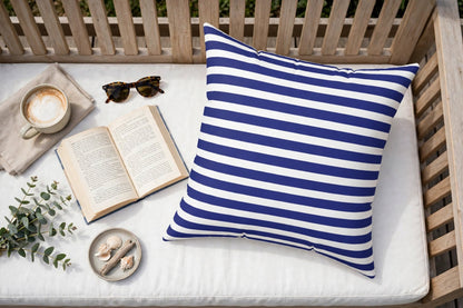 Navy White Striped Throw Pillow, Square Decorative Pillow | Nautical Coastal Cushion