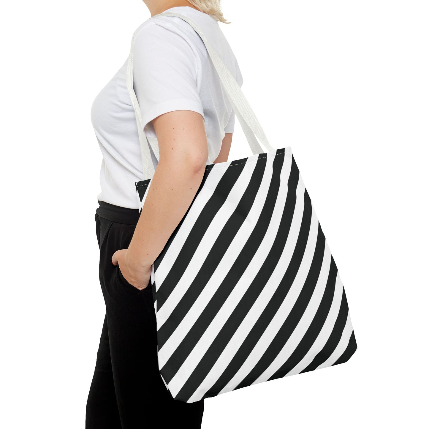 Monochrome Striped Tote Bag, Black and White Shoulder Bag, Patterned Grocery Bag, Geometric Market Tote, Stylish Canvas Tote