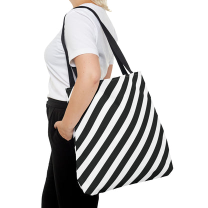 Monochrome Striped Tote Bag, Black and White Shoulder Bag, Patterned Grocery Bag, Geometric Market Tote, Stylish Canvas Tote