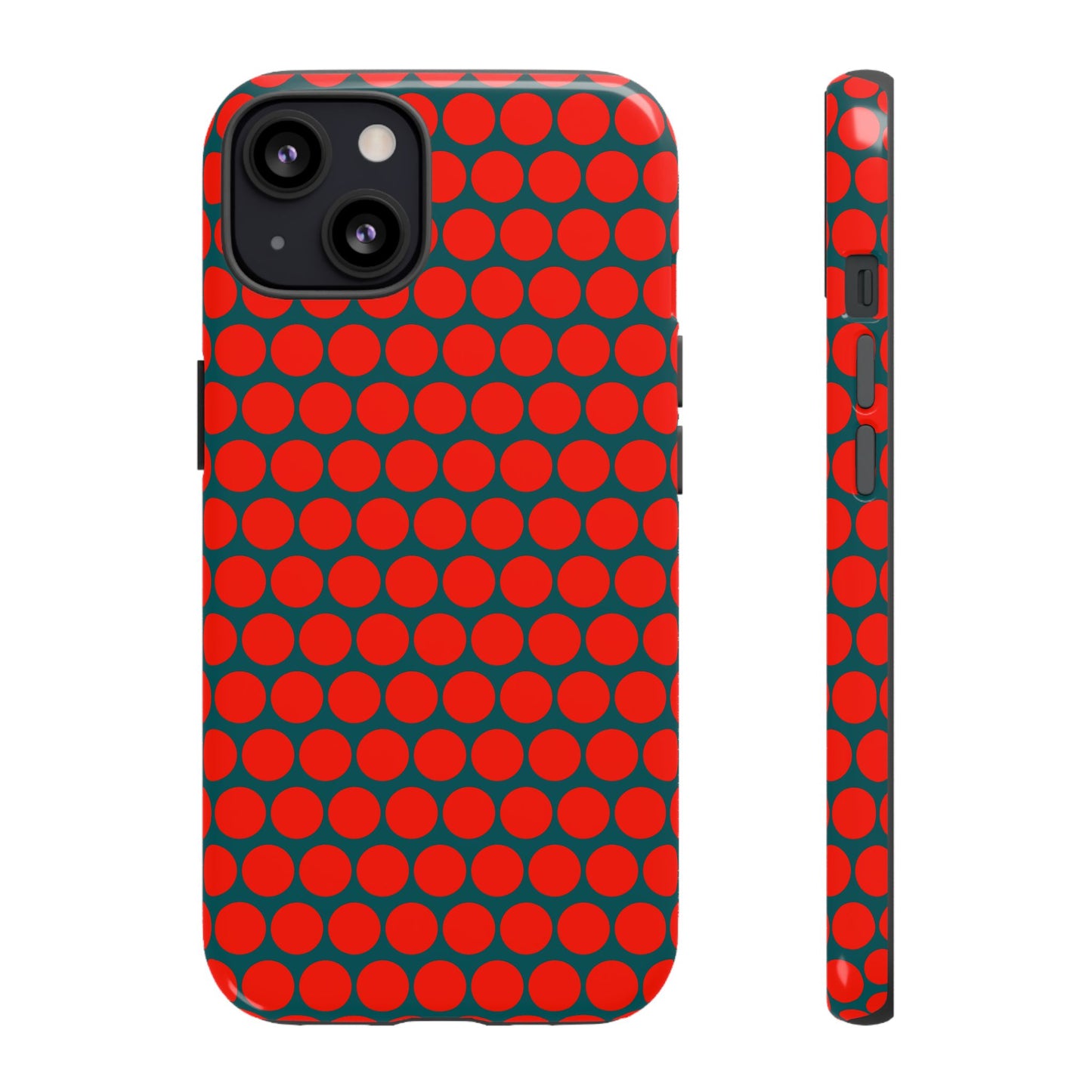 Red Dot Teal Background Polka Dot Tough Phone Case for iPhone Samsung & Google Phones