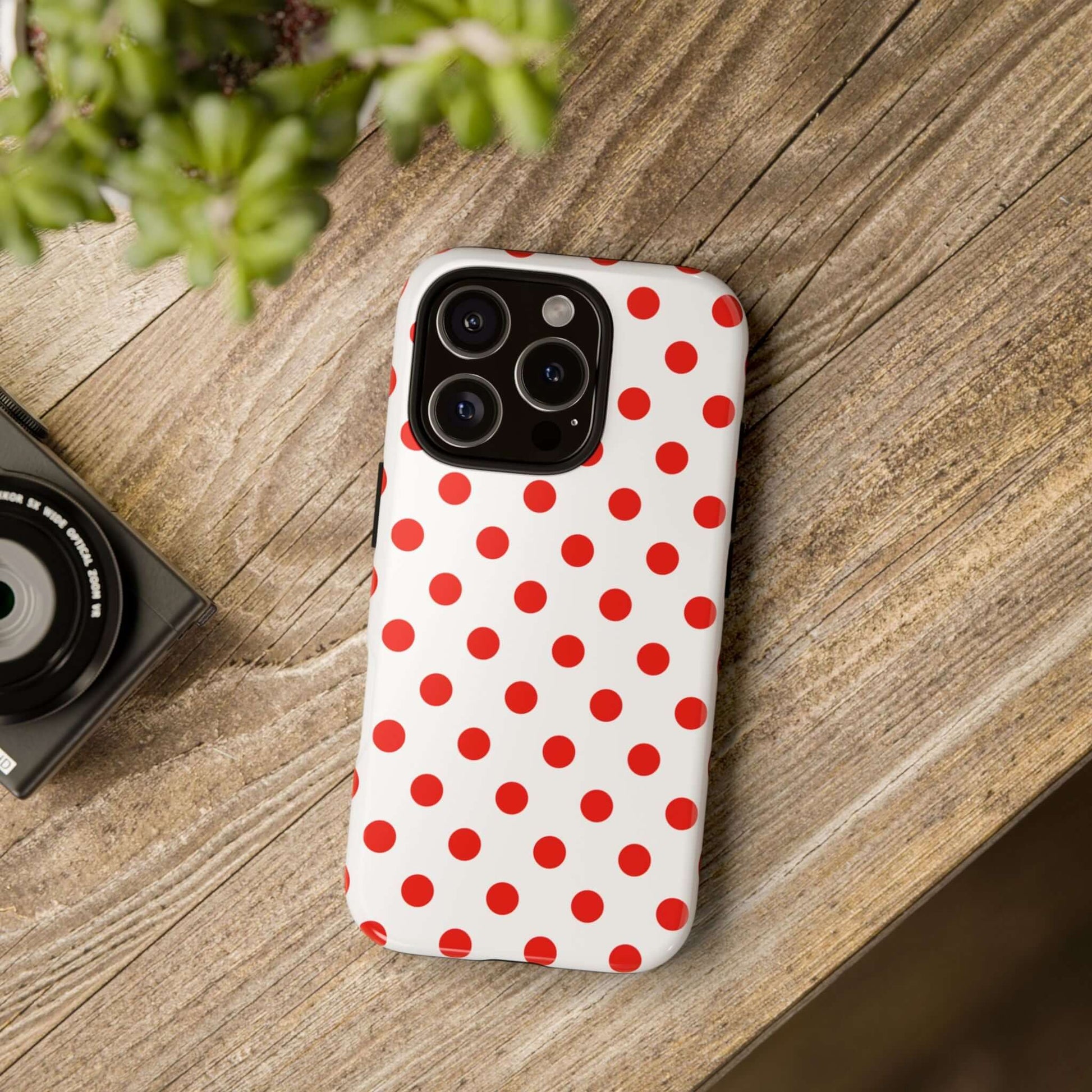 White & Bright Red Polka Dot Tough Phone Case for iPhone, Samsung, and Google Phones