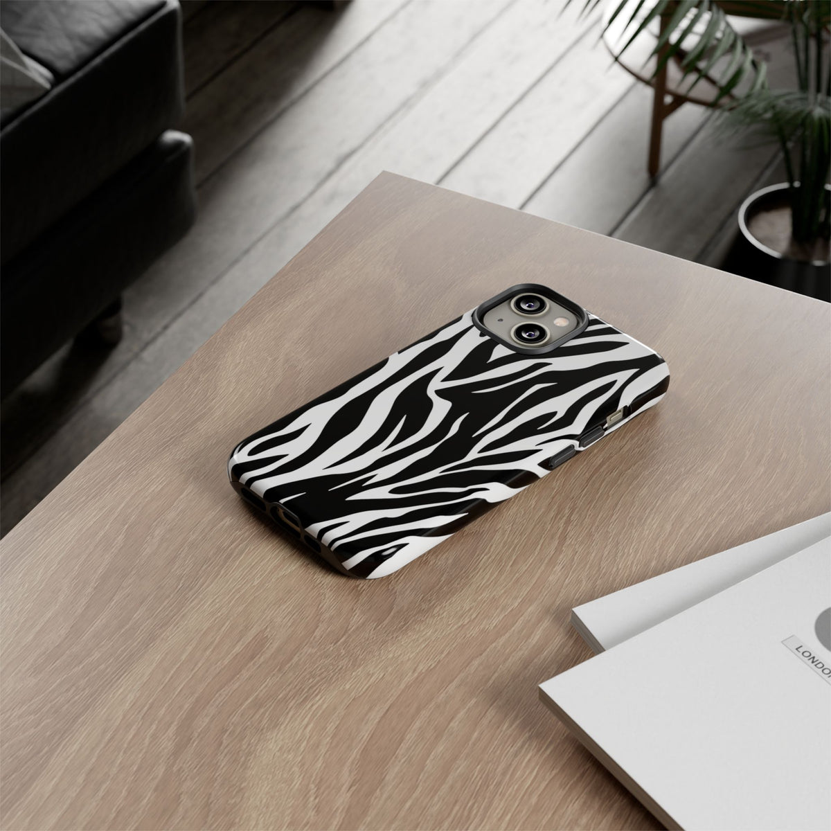 Black White Tiger Print Tough Case Cover for iPhone Samsung and Google phones.
