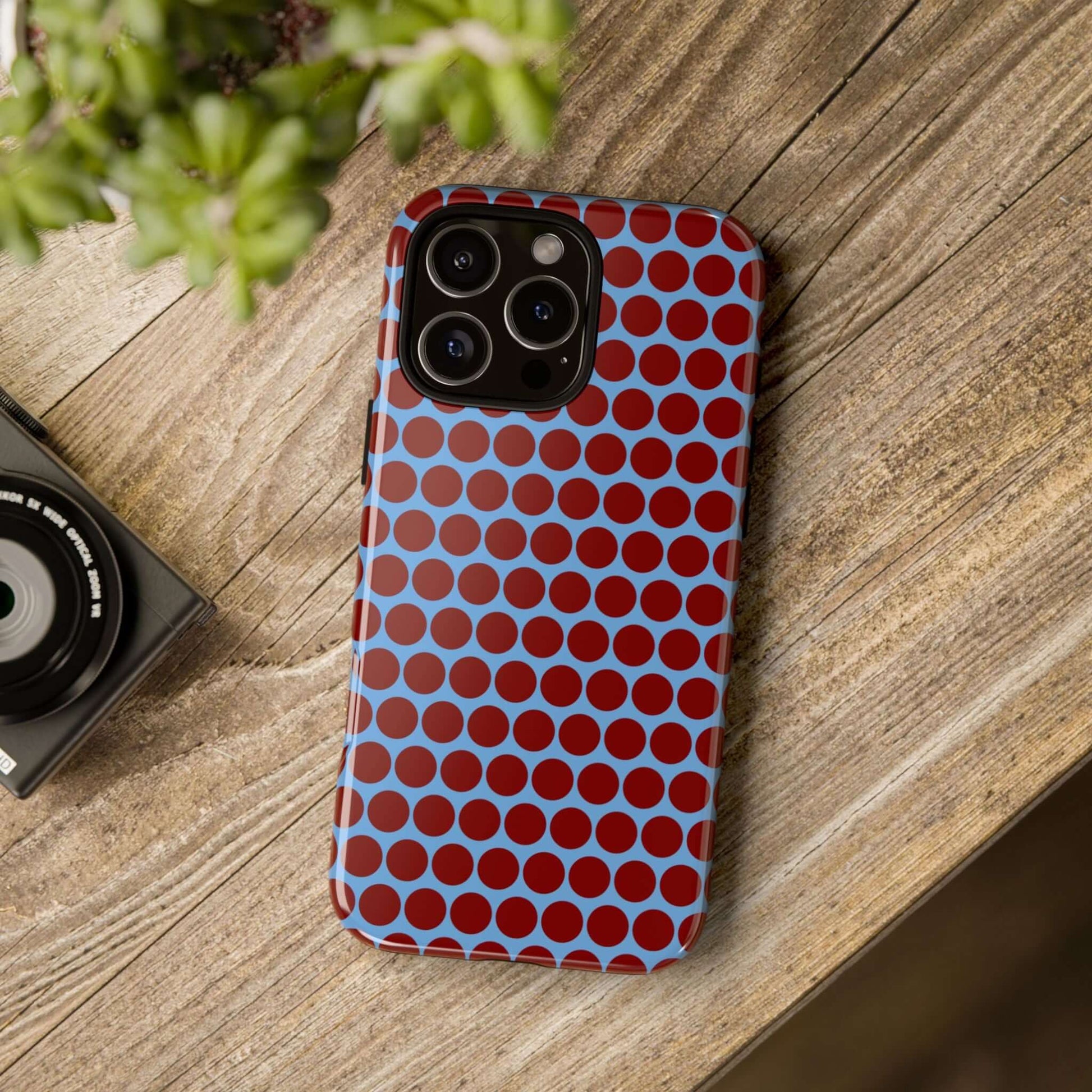 Maroon Dot, Light blue B/Ground Polka Dot Tough Phone Case for iPhone, Samsung, and Google Phones