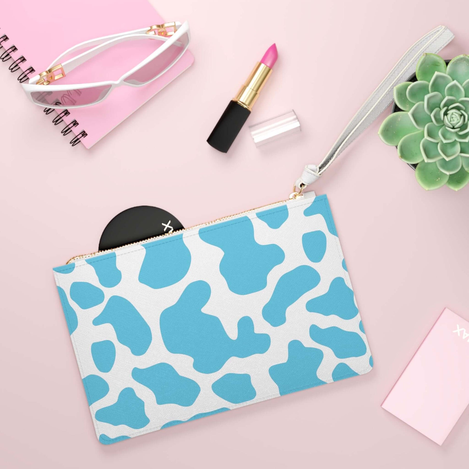 Aqua Cow print Clutch Bag